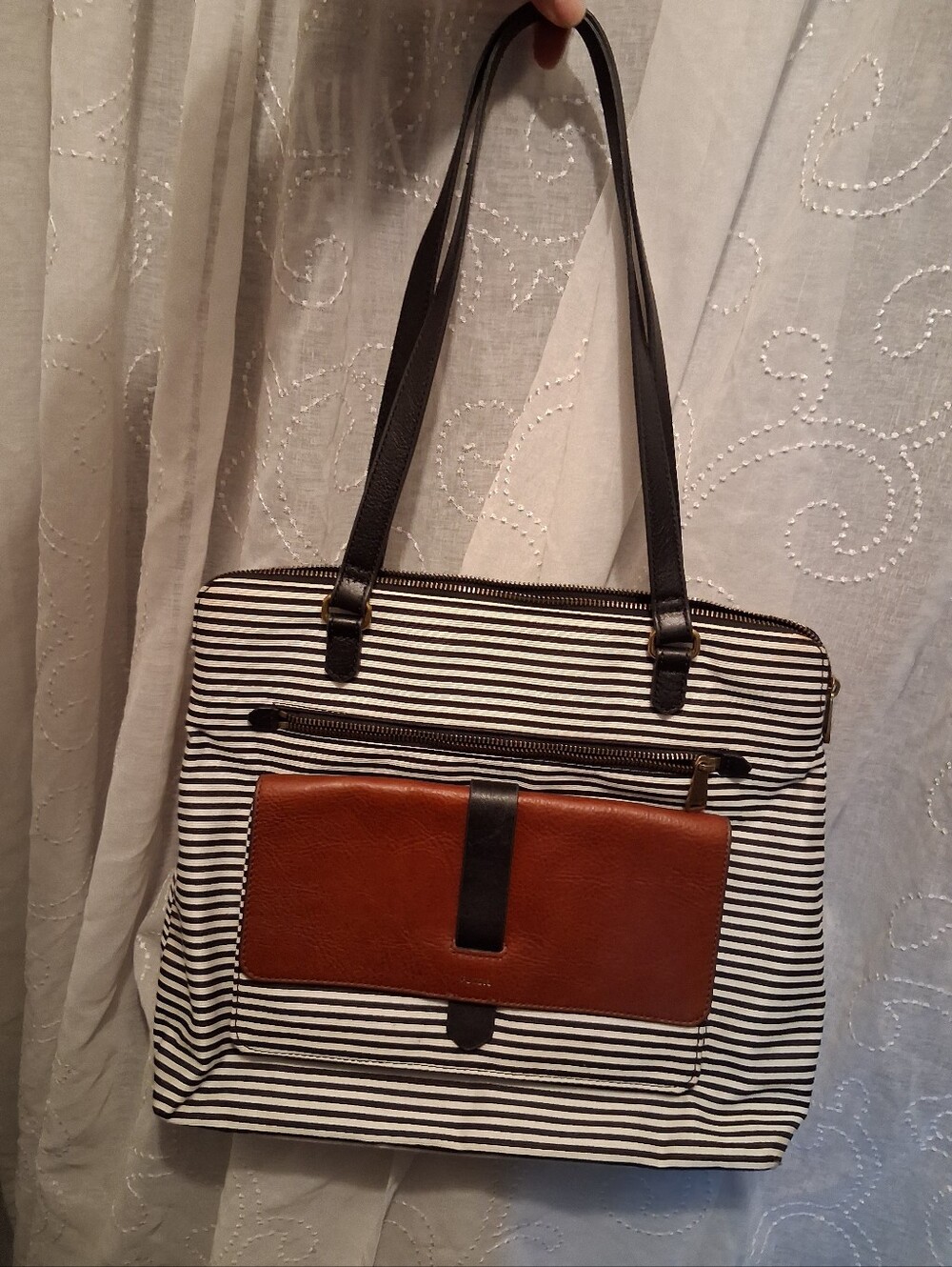 Relic Black & White Striped Tote with Brown Front Pocket